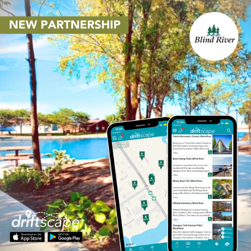 New Partnership. Image of trees and sidewalk with water and water fountain in background. Blind River logo. image of two cell phones with driftscape mock screen on them. driftscape logo and Apple app store and Google Play logo. #ExcitingNews: Discover unique hidden gems from the vibrant community of Blind River with @experience_blind_river, now on the @driftscapeapp ✨From art exhibits to beautiful landscapes, and so much more, the Town of Blind River has a variety of things to do for all residents and visitors! Download the FREE Driftscape app and check it out! 🤩  https://driftscape.app.link/blind-river  #ExploreOntario #ExploreBlindRiver #BlindRiver #Travel #TourismApp #Nature #Adventure