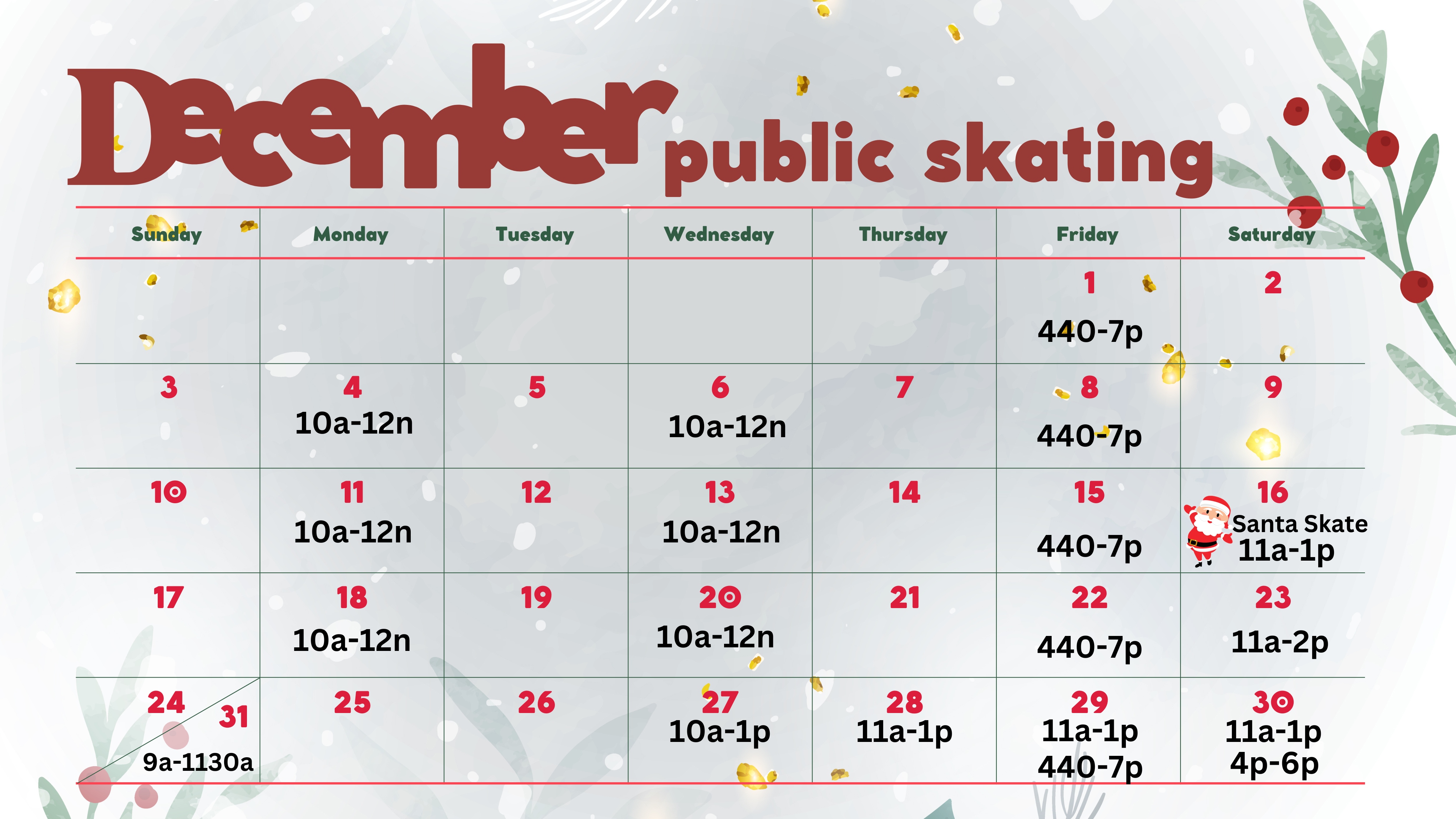 Public Skating schedule and picture of a snow globe with a snowman inside
