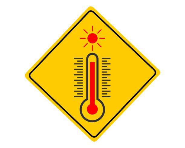 hazard sign with sun and thermometer reading hot